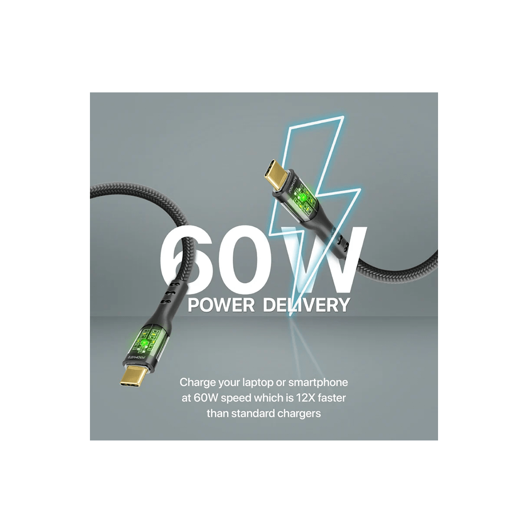 Promate TransLine-CC 60W Power Delivery Ultra-Fast USB-C Cable with Transparent Shells in Qatar Promate TransLine-CC 60W Power Delivery Ultra-Fast USB-C Cable with Transparent Shells in Qatar